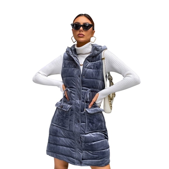 Blue Velvet SzS Quilted Hooded Long Puffer Vest Coat Cozy Warm Leisure Vacation - Picture 1 of 8